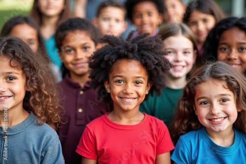 Diverse Group of Happy Children Smiling Together in an Outdoor Environment, Celebrating Friendship and Joy in a Community Setting