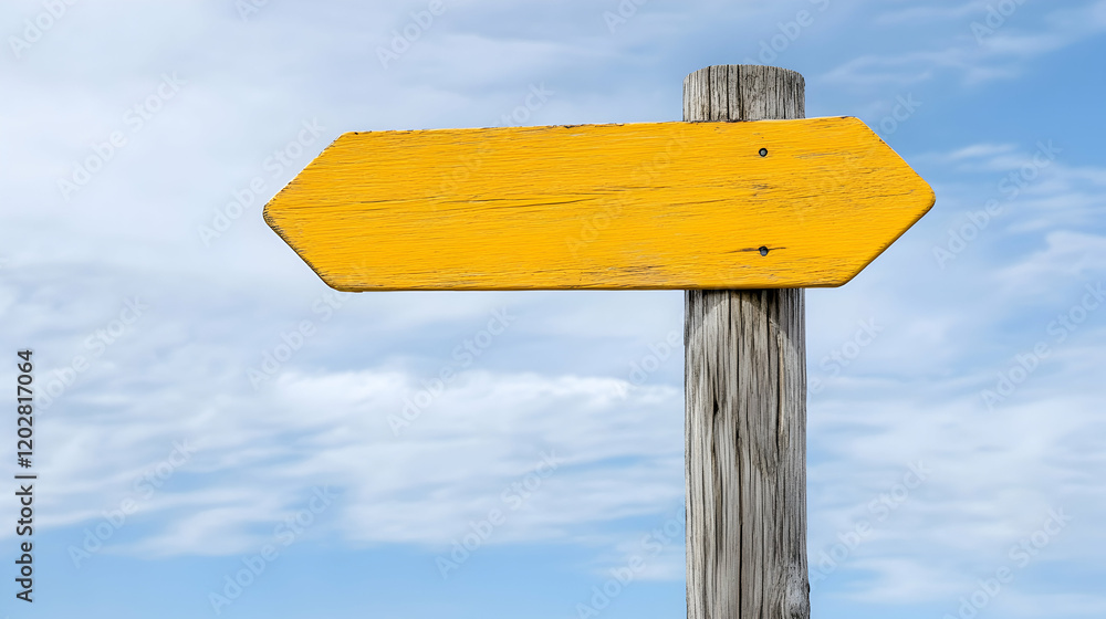Fototapeta premium Yellow wooden signpost pointing left against a bright blue sky with fluffy clouds; ideal for wayfinding, direction, or travel