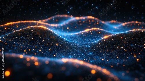 A digital landscape of glowing waves, showcasing a mesmerizing blend of blue and orange particles.