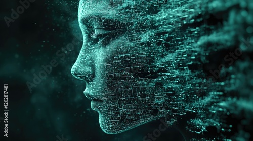 A digital representation of a face dissolving into data, symbolizing the fusion of humanity and technology.