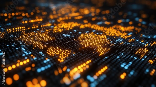 A digital representation of a world map illuminated by glowing data points in blue and orange.