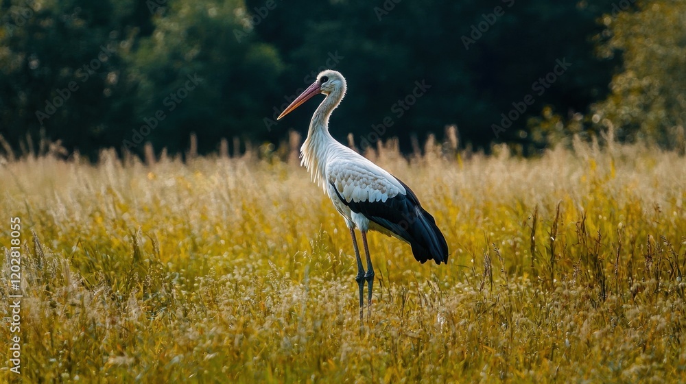 Fototapeta premium Stork standing in a grassy meadow with its long legs and beak.