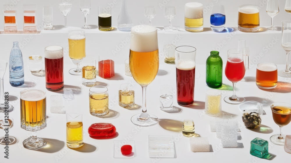 A vibrant collection of diverse beverages displayed on a white table, showcasing various glassware and colors A vibrant collection of diverse beverages displayed on a white table, showcasing various glassware and colors