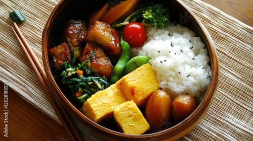 A traditional Japanese bento lunch box with a variety of dishes including rice, meat, and seasonal vegetables. photo