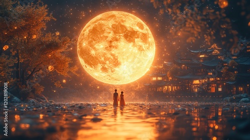 Couple gazing at giant moon, Asian village, night
