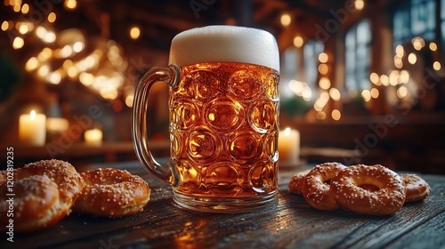 a mug of beer and some pretzels on a table photo