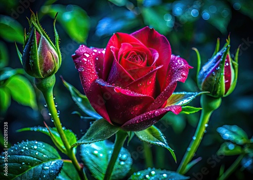 A crimson rosebud unfurls in the night garden, a macro lens capturing its dark beauty. photo