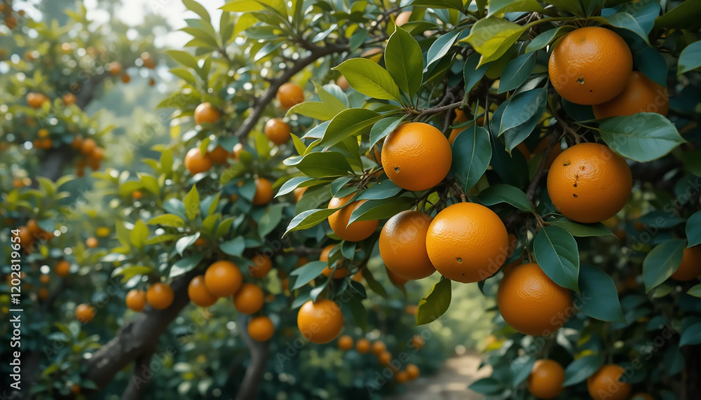 Ripe Oranges on Lush Tree Branches in Orchard Ripe Oranges on Lush Tree Branches in Orchard