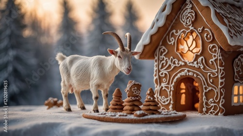 A playful goat beside a beautifully decorated gingerbread house in a snowy landscape. photo