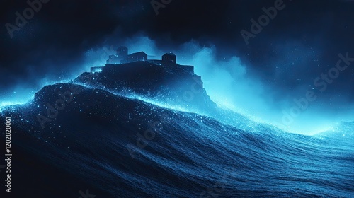 A dramatic seascape featuring a glowing blue wave and a silhouetted structure in the background.