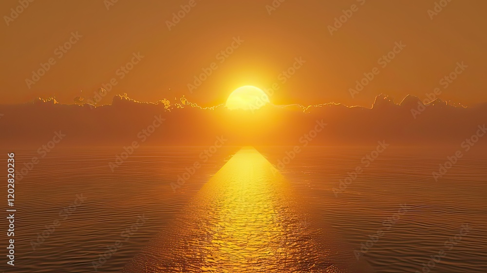 Naklejka premium A long road disappearing into the horizon under a golden sunrise, symbolizing the future.