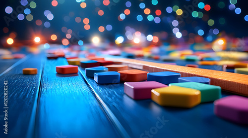 Colorful game pieces spread across a vibrant surface playful atmosphere abstract composition photo