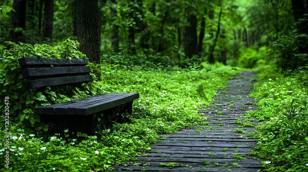 Serene nature walk lush forest path image of tranquility peaceful environment ground-level view nature concept Serene nature walk lush forest path image of tranquility peaceful environment ground-level view nature concept