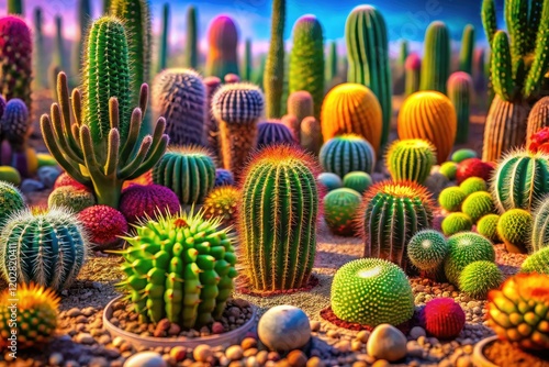 A panoramic isometric view showcases a diverse collection of 3D cacti and succulents in a flat desert landscape. photo