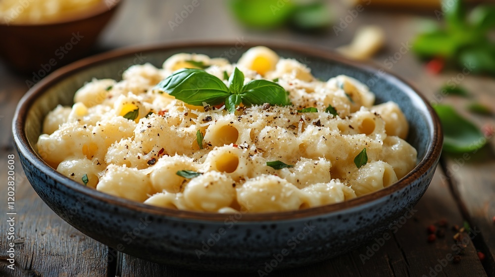 Creamy pasta dish, basil garnish, wooden table background. Food photography for recipe blogs, cookbooks Creamy pasta dish, basil garnish, wooden table background. Food photography for recipe blogs, cookbooks