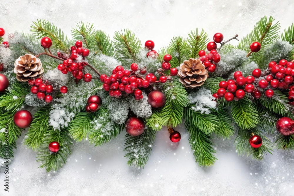 A snowy pine garland, adorned with berries, creates a winter wonderland Christmas decoration. A snowy pine garland, adorned with berries, creates a winter wonderland Christmas decoration.