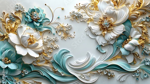 3D paper-cut art style, turquoise and gold floral-patterned wall mural, white background, 
