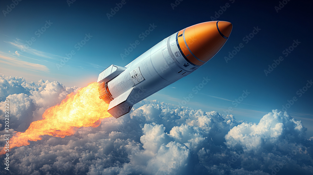 rocket launching into sky, surrounded by clouds and flames, symbolizes innovation and exploration. powerful ascent captures excitement of space travel rocket launching into sky, surrounded by clouds and flames, symbolizes innovation and exploration. powerful ascent captures excitement of space travel