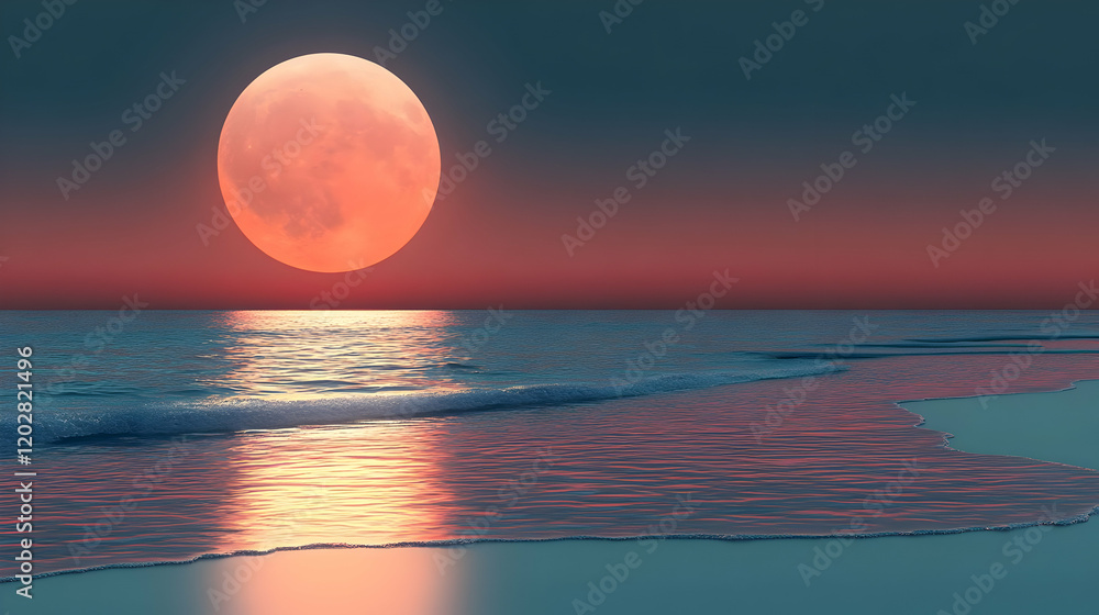 Red moonrise ocean beach night serenity Red moonrise ocean beach night serenity
