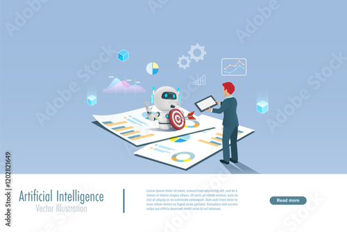 AI artificial intelligence robot holding marketing target on business paper report. AI technology acts as smart assistant for business analysis to develop smart solution and growth profit. Vector.