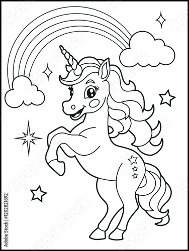 Illustration of a cute baby unicorn cartoon character. Black and white Printable Unicorn coloring page for kids.