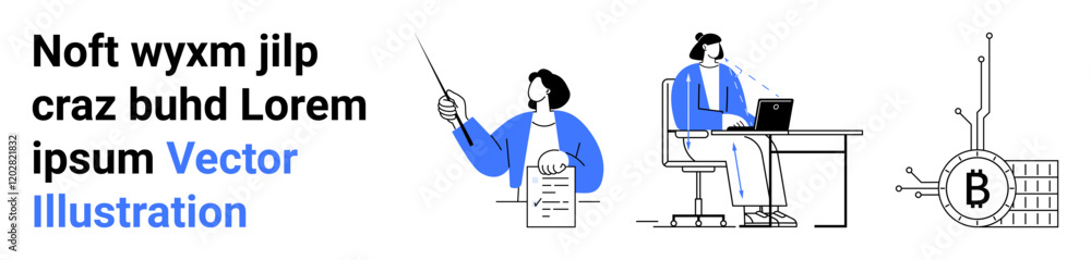 Two business figures in blue attire one presenting data, the other working on a laptop. Includes blockchain symbol. Ideal for education, remote work, finance, technology, business training, online Two business figures in blue attire one presenting data, the other working on a laptop. Includes blockchain symbol. Ideal for education, remote work, finance, technology, business training, online