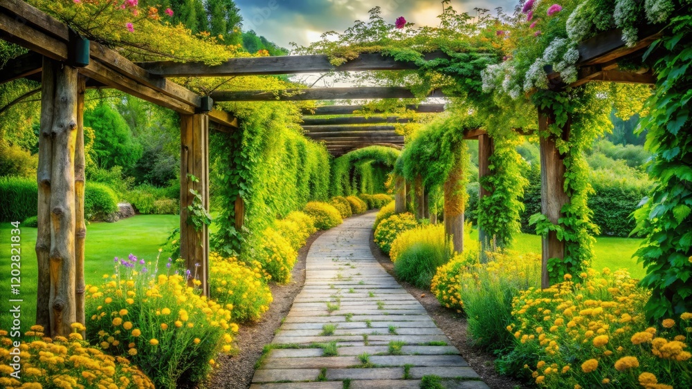 A winding stone path, lush green spring garden ablaze with yellow flowers, framed by a wooden pergola. A winding stone path, lush green spring garden ablaze with yellow flowers, framed by a wooden pergola.