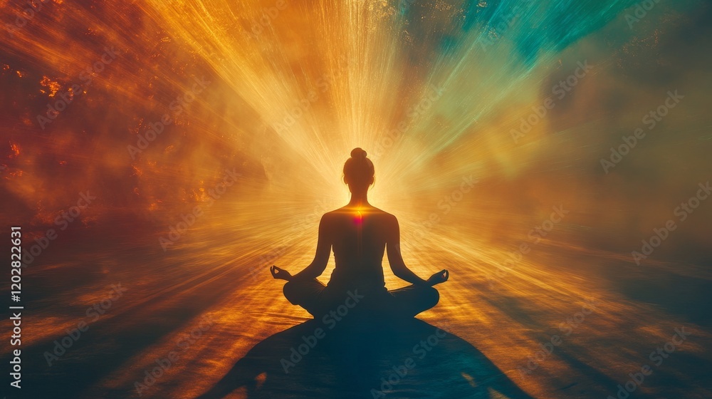 Female silhouette in lotus pose, glowing chakra points in rainbow spectrum, ethereal light rays, meditative spiritual visualization, soft ambient backdrop, mystical energy centers, peaceful Female silhouette in lotus pose, glowing chakra points in rainbow spectrum, ethereal light rays, meditative spiritual visualization, soft ambient backdrop, mystical energy centers, peaceful