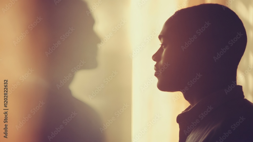 Silhouette of a Young Man Contemplating by a Window with a Shadowy Figure in the Background Silhouette of a Young Man Contemplating by a Window with a Shadowy Figure in the Background