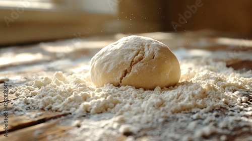 Dough ball, floury surface, wooden background.