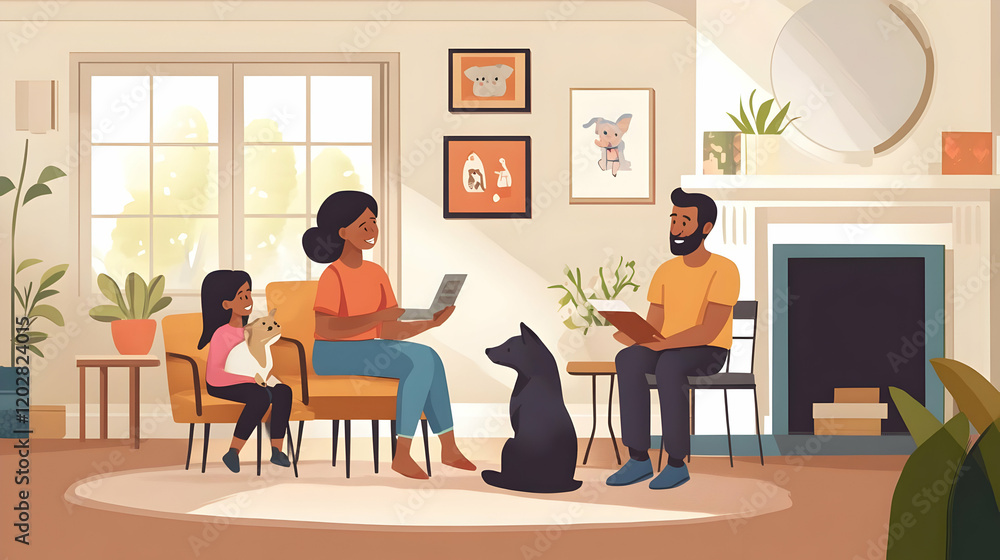 Happy family relaxing at home with their dog. Happy family relaxing at home with their dog.