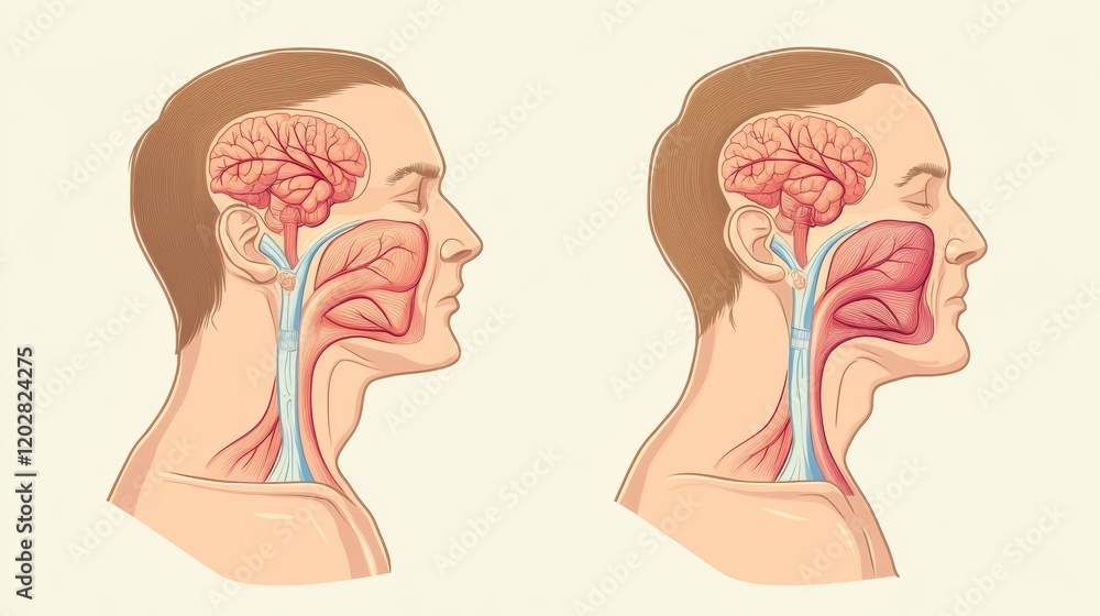 Minimalist human physiology diagram depicting inhalation and exhalation phases, anatomical cross-section views, directional flow markers, light anatomical color palette with soft flesh tones and Minimalist human physiology diagram depicting inhalation and exhalation phases, anatomical cross-section views, directional flow markers, light anatomical color palette with soft flesh tones and