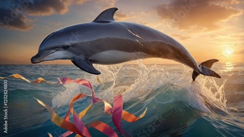 A dolphin leaps through colorful ribbons above ocean waves at sunset. photo