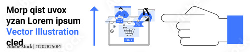Hand pointing towards a shopping cart icon and people engaged in online shopping. Ideal for e-commerce, online business, digital shopping, marketing campaigns, user interface design, retail