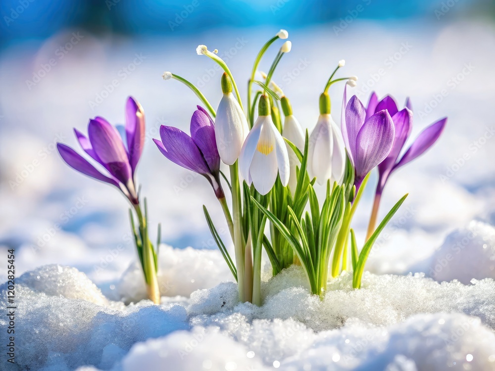 Delicate spring blooms: snowdrops, crocuses, and violets emerge from a snowy, white landscape. Delicate spring blooms: snowdrops, crocuses, and violets emerge from a snowy, white landscape.