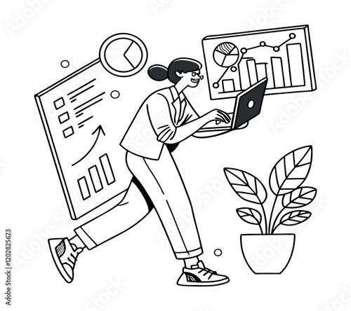 Set business flat line art vector illustration design cartoon character working action style concept. online video conference meeting. Business planning. data analytics