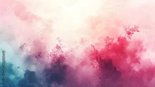 abstract painting of a pink and blue cloud with leaves photo