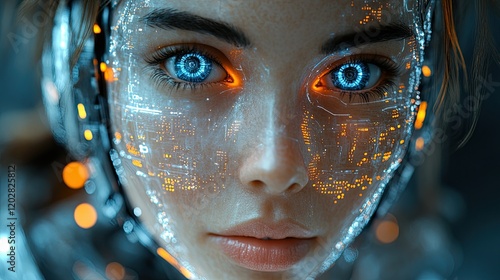 A futuristic cyborg with glowing eyes and digital patterns on her face.