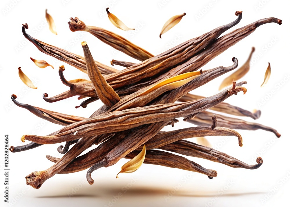 Obraz premium Dried Vanilla Beans, Aromatic Spices, Culinary Photography, Food Styling, High-Resolution Image