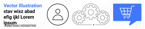 User icon, three interlinked gears, and shopping cart in a dialogue bubble. Ideal for e-commerce, user interaction, automation, online shopping, technology, technical support, business. Landing page