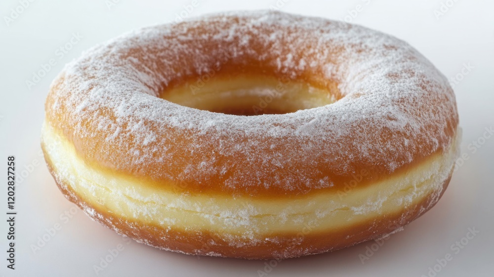 Freshly baked donut with a creamy filling and powdered sugar coating on a white background Freshly baked donut with a creamy filling and powdered sugar coating on a white background