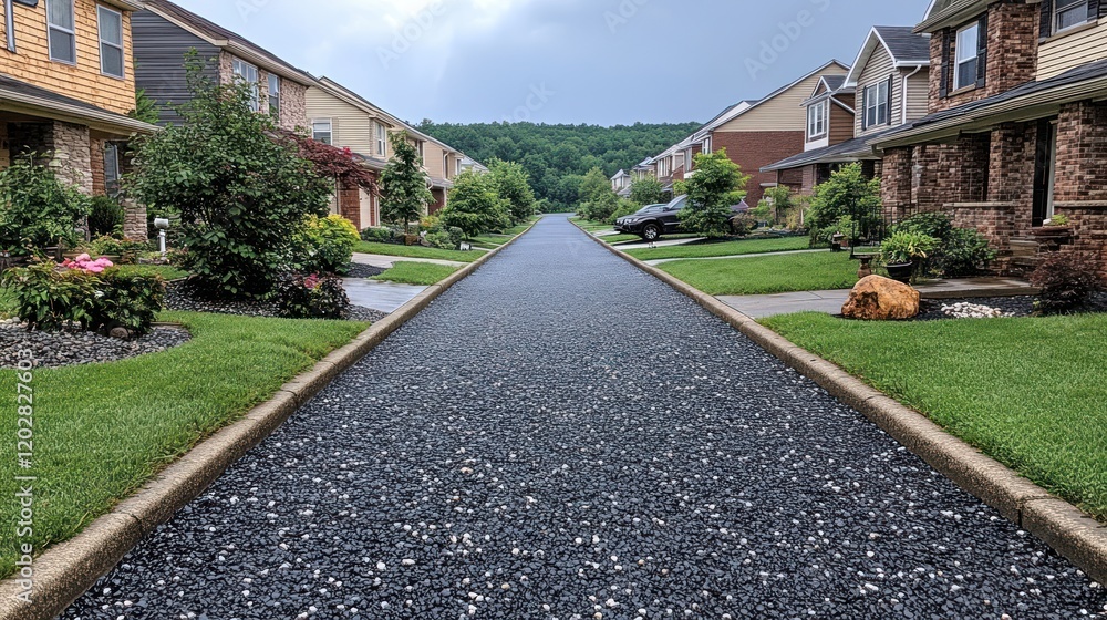Suburban Street Scene with Lush Greenery and Overcast Sky for Real Estate Suburban Street Scene with Lush Greenery and Overcast Sky for Real Estate