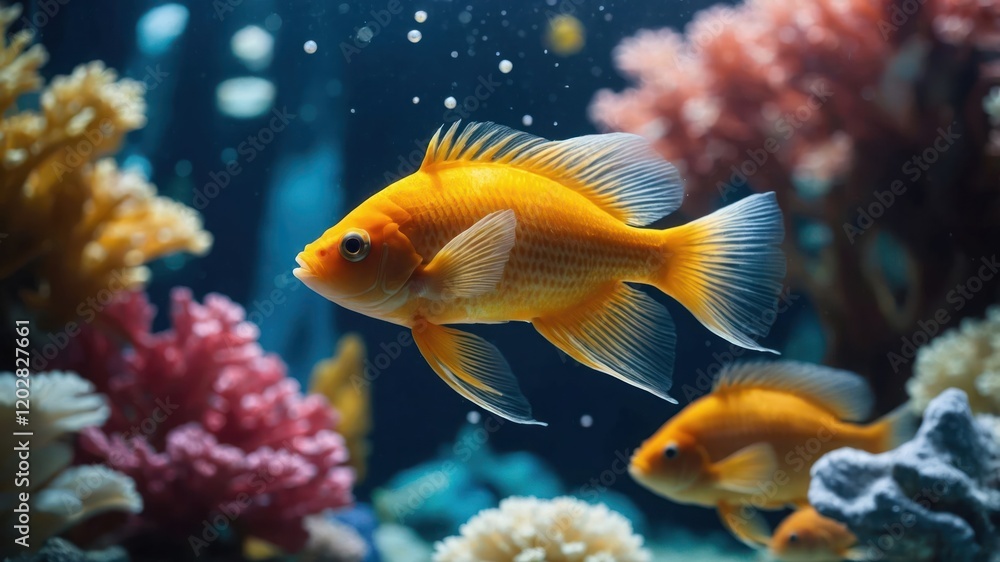 A vibrant underwater scene featuring colorful fish swimming among coral reefs. A vibrant underwater scene featuring colorful fish swimming among coral reefs.
