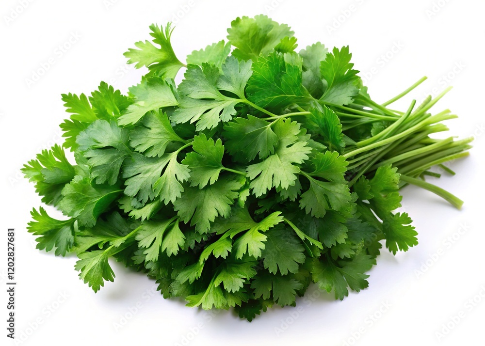 Fresh coriander bunch, vibrant green, isolated on white. High-quality AI image. Fresh coriander bunch, vibrant green, isolated on white. High-quality AI image.