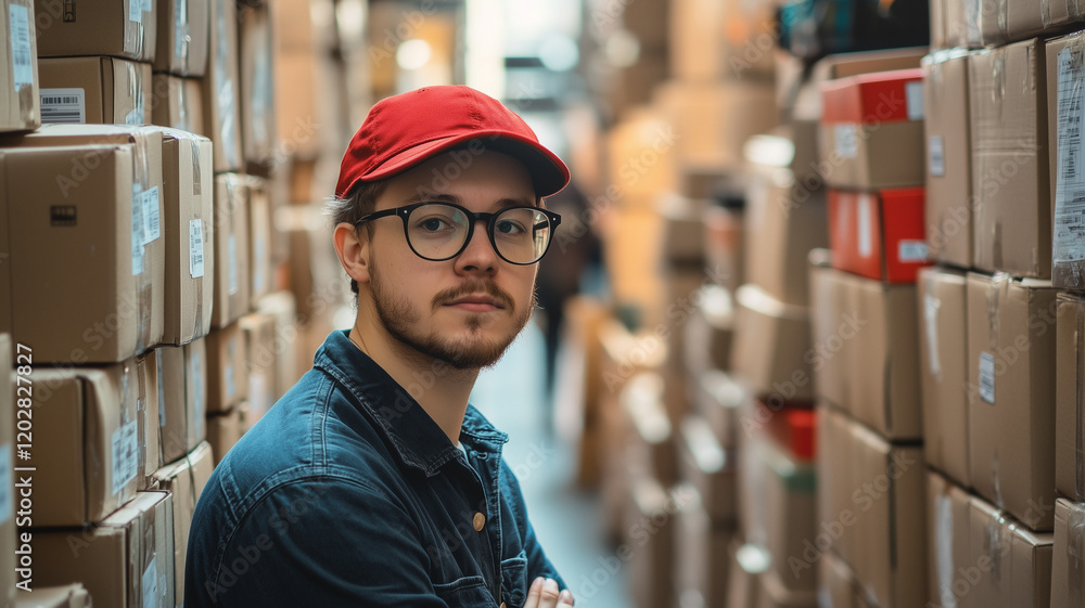 young man wearing red cap and glasses stands among stacked cardboard boxes in warehouse, looking thoughtful and focused young man wearing red cap and glasses stands among stacked cardboard boxes in warehouse, looking thoughtful and focused