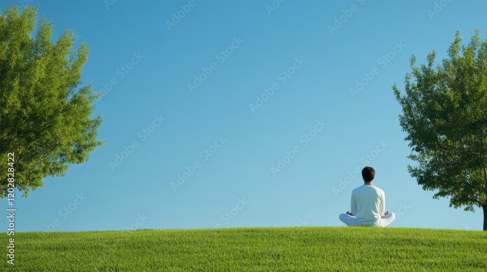 Minimalist outdoor meditation scene in panoramic view, solitary figure seated on gentle grassy slope against pristine azure sky, white athletic wear creating stark contrast, vibrant green trees Minimalist outdoor meditation scene in panoramic view, solitary figure seated on gentle grassy slope against pristine azure sky, white athletic wear creating stark contrast, vibrant green trees