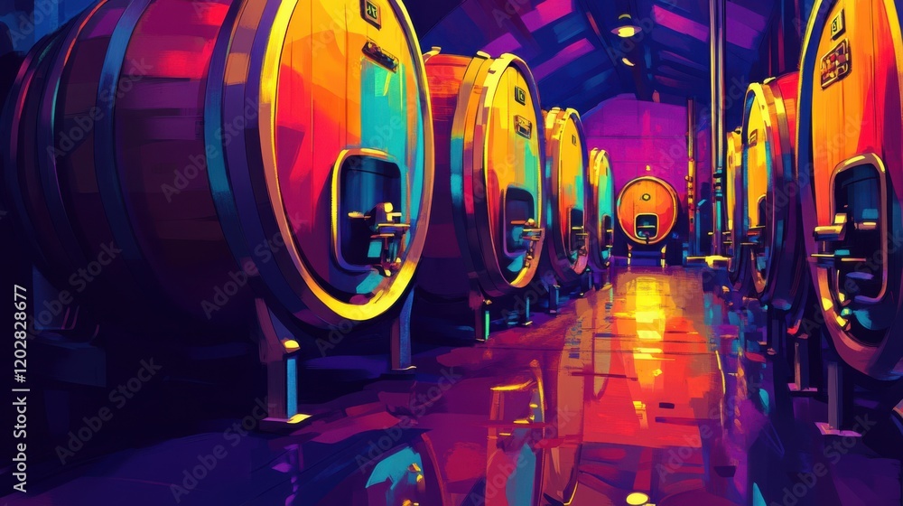 Colorful wine barrels lined in a vibrant cellar, reflecting light on the polished floor Colorful wine barrels lined in a vibrant cellar, reflecting light on the polished floor