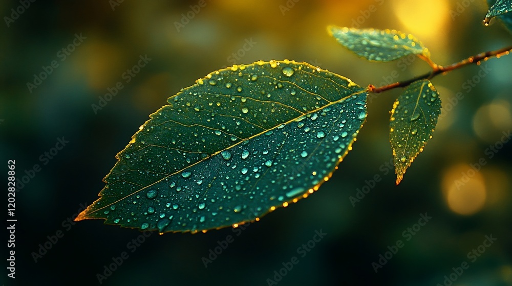 Dew-covered leaf, sunset, nature, peaceful background, ideal for nature websites Dew-covered leaf, sunset, nature, peaceful background, ideal for nature websites