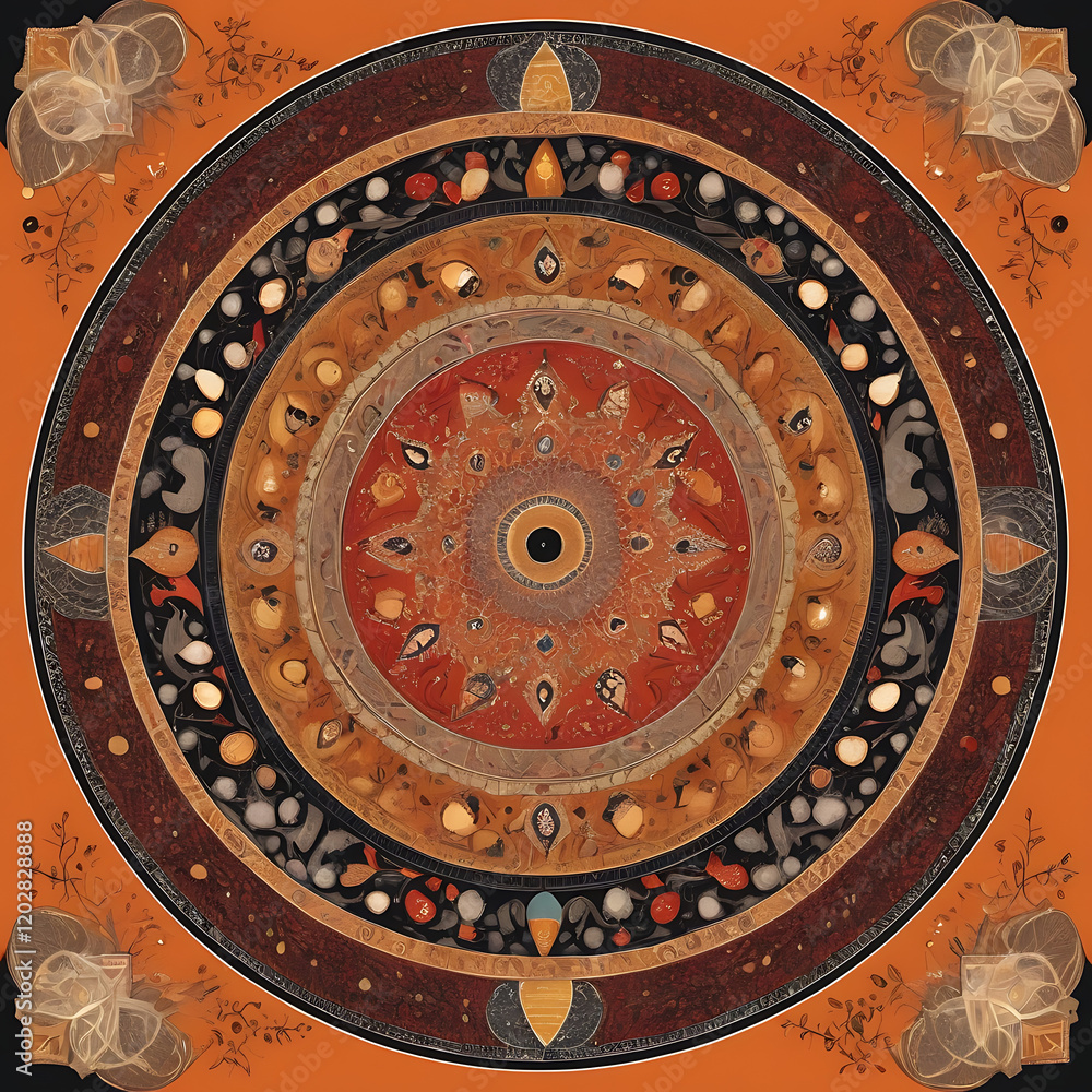 Fototapeta premium An eclectic blend of Persian miniature painting with Australian Aboriginal dot art, incorporating detailed mythical creatures and landscapes with vibrant ochre, red, and black tones.