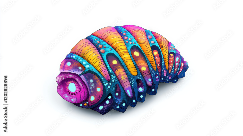 A trilobite fossil depicted in a vivid cut-out style, intricate shell patterns highlighted, placed on a bright white background with no additional elements. Created using hyper-detailed illustration A trilobite fossil depicted in a vivid cut-out style, intricate shell patterns highlighted, placed on a bright white background with no additional elements. Created using hyper-detailed illustration